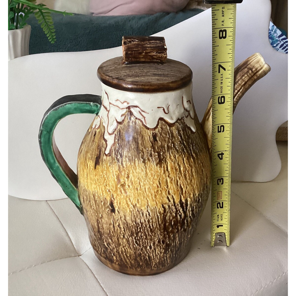 Handmade TeaPot Pitcher Glazed Pottery Brown Drip Design Unique Country Decor - Picture 8 of 9